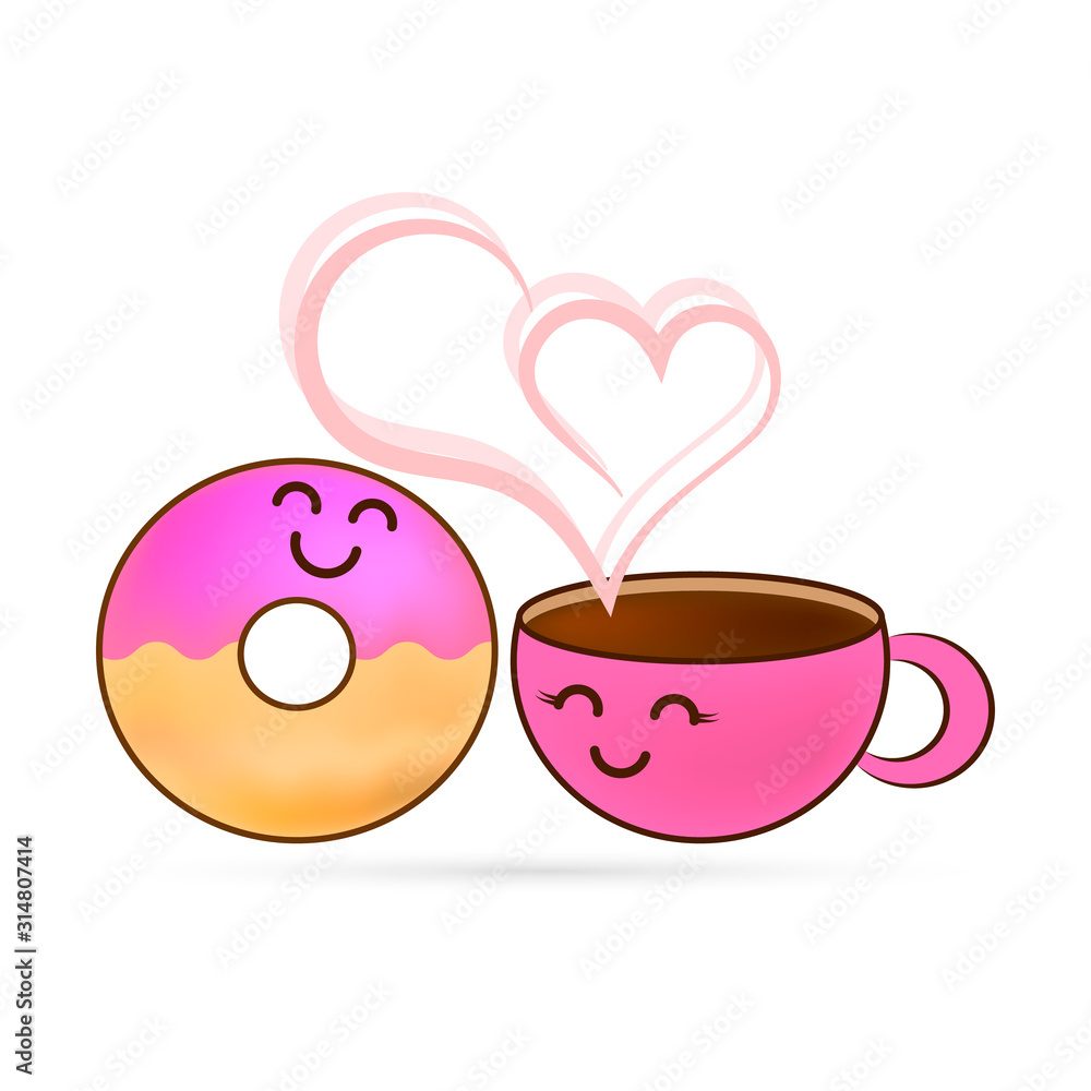 Love story donut and cup of coffee sticker. Doodle food icon. Design for sweet cafe or cloth. Kids hand drawing art line. Sketch vector stock illustration Love story donut and cup of coffee sticker. Doodle food icon. Design for sweet cafe or cloth. Kids hand drawing art line. Sketch vector stock illustration
