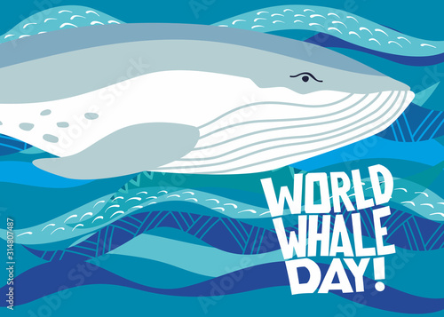 World whale day. Holiday card. Decorative waves and drawn whale. Vector hand drawing