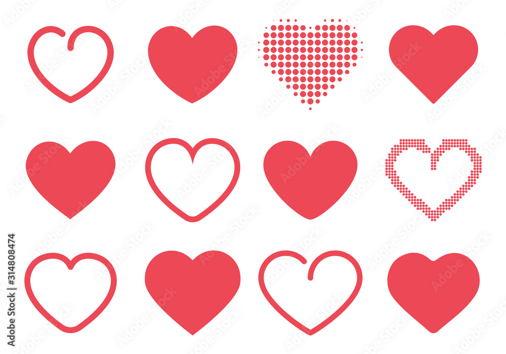Heart icon set. Love and like pink symbols isolated on white background. Heart icon set. Love and like pink symbols isolated on white background.