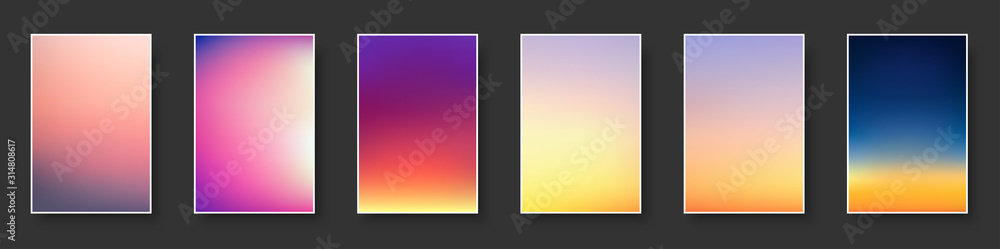 Set of colorful sunset and sunrise sea. Blurred modern gradient mesh background paper cards. - obrazy, fototapety, plakaty 