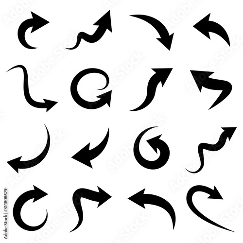Set of black curved arrows isolated on white background. photo