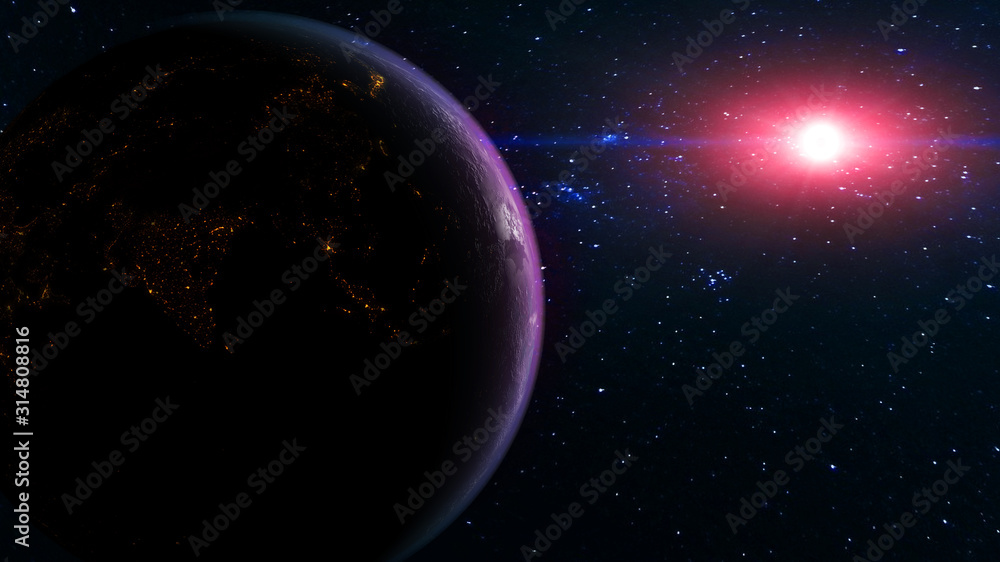 3D scene Earth globe with atmosphere and clouds from the space with sun light effects used NASA Earth images textures