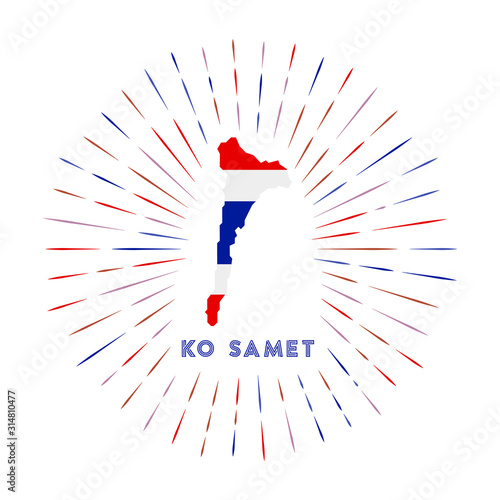 Ko Samet sunburst badge. The island sign with map of Ko Samet with Thai flag. Colorful rays around the logo. Vector illustration.