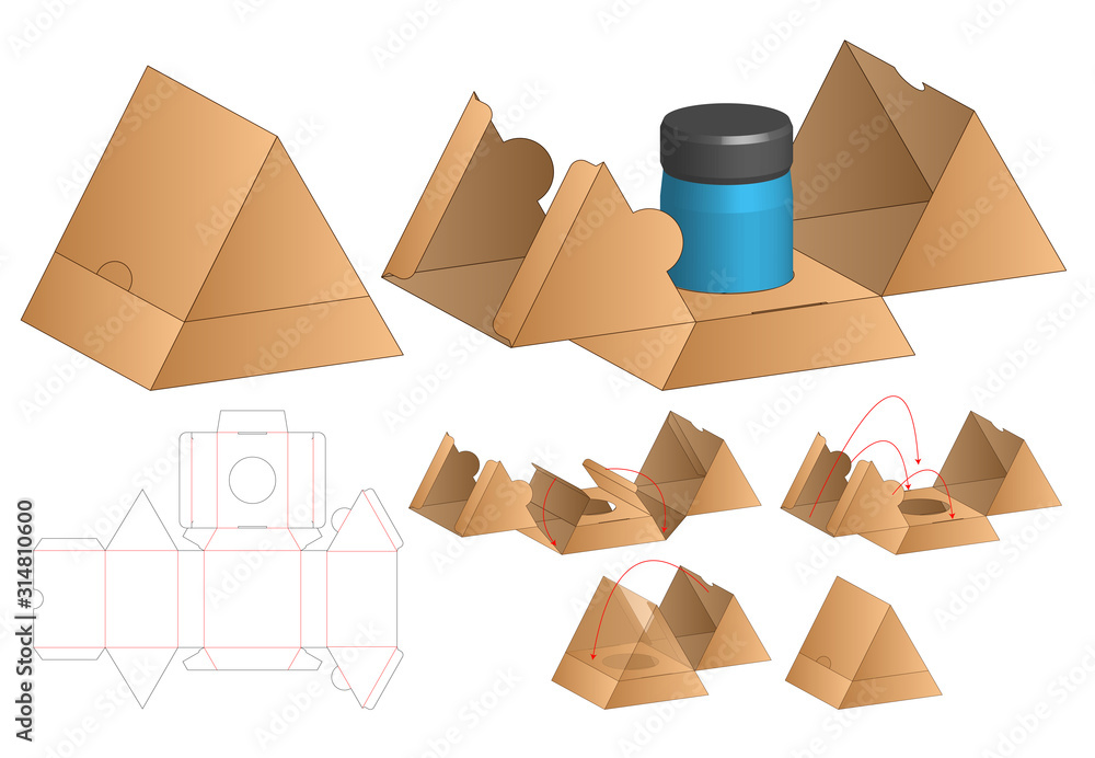 Triangle Box packaging die cut template design. 3d mockup Stock Vector