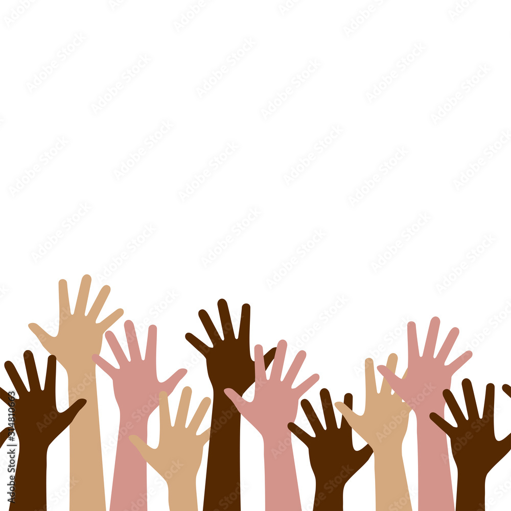 Multicultural crowd of people with hands up, teamwork of multinational team, horizontal seamless pattern