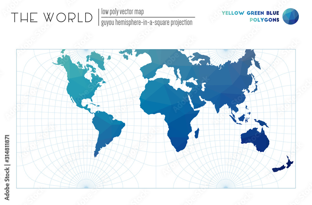 Triangular mesh of the world. Guyou hemisphere-in-a-square projection of the world. Yellow Green Blue colored polygons. Contemporary vector illustration.