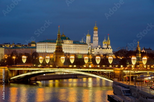 Evening view of the Moscow Kremlin and the Big Stone bridge from the Patriarchal bridge. Moscow, Russia