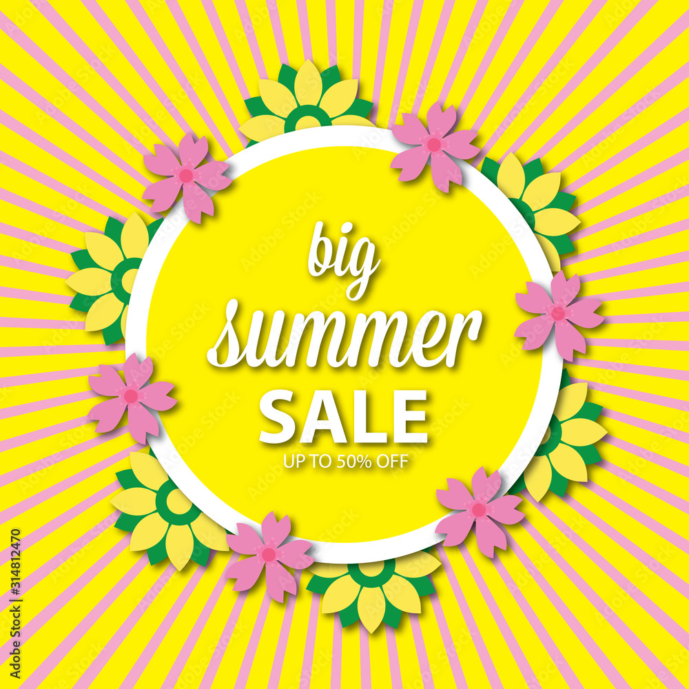 Big summer sale banner with round frame. Flowers and buds of hibiscus, leaves monsters and palm