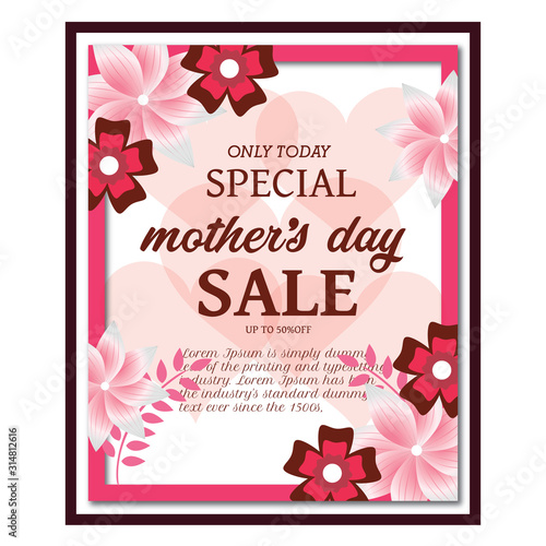 Template design discount banner for happy mother's day. Square poster for special mother's day sale with pink nature, flower decoration