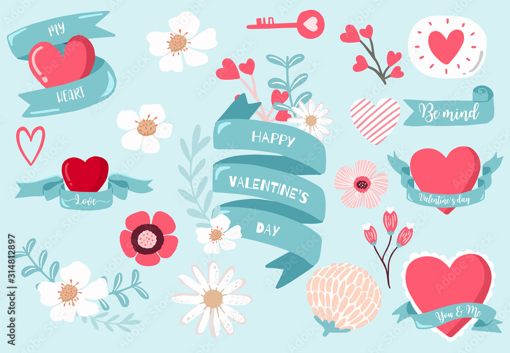 Cute object valentine collection with flower,key,ribbon.Vector illustration for icon,logo,sticker,printable Cute object valentine collection with flower,key,ribbon.Vector illustration for icon,logo,sticker,printable