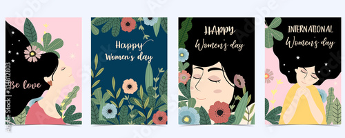 Pink green blue International Happy Women's Day with women,flower and leaves