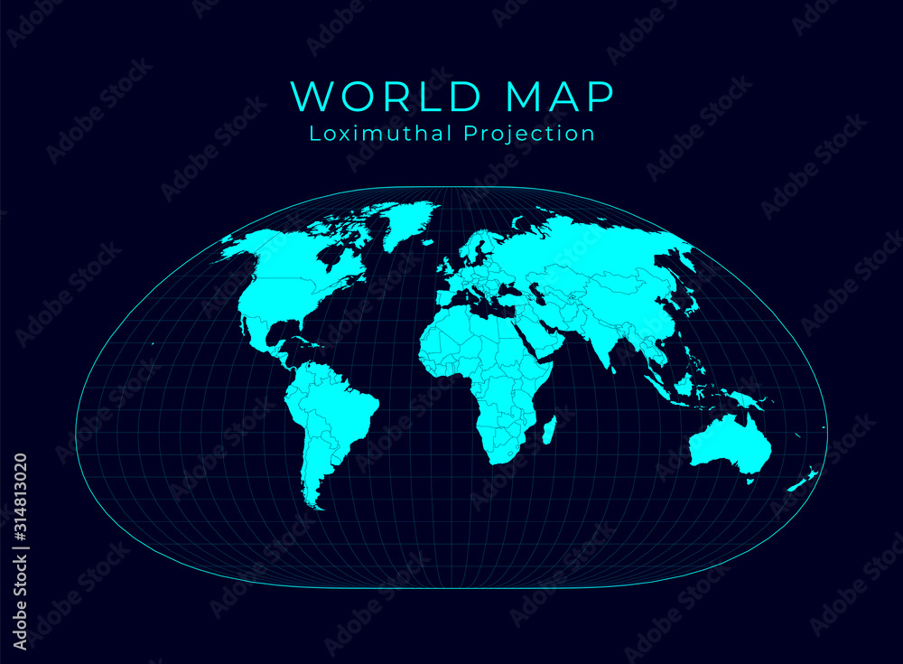 Map of the World. Loximuthal projection. Futuristic infographic world illustration. Bright cyan colors on dark background. Superb vector illustration. Map of the World. Loximuthal projection. Futuristic infographic world illustration. Bright cyan colors on dark background. Superb vector illustration.
