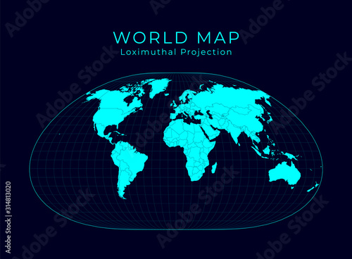 Map of The World. Loximuthal projection. Futuristic Infographic world illustration. Bright cyan colors on dark background. Superb vector illustration.