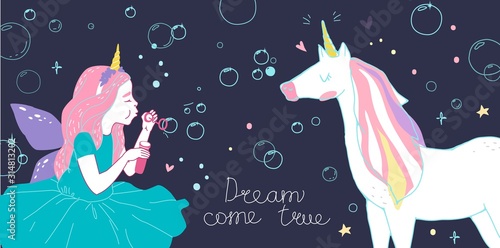 girl dressed as fairies and cute unicorn
