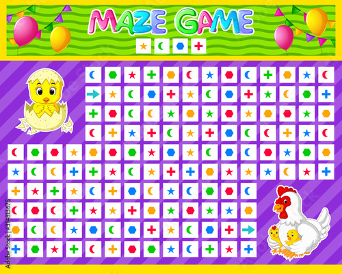 Maze game for children. Find the correct path by the pattern. Cartoon chicken of illustration