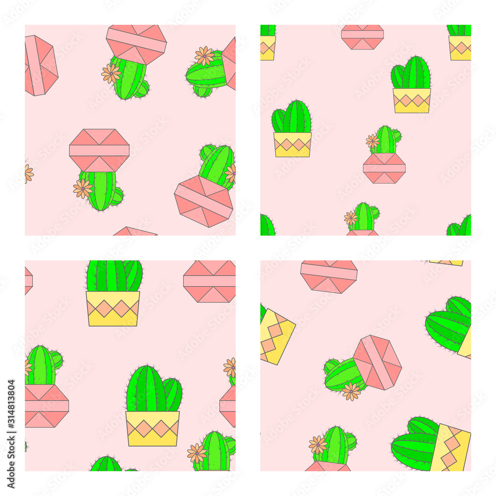 Vector set of four seamless patterns with cacti in flower pots. Flat style color collection. Vector set of four seamless patterns with cacti in flower pots. Flat style color collection.
