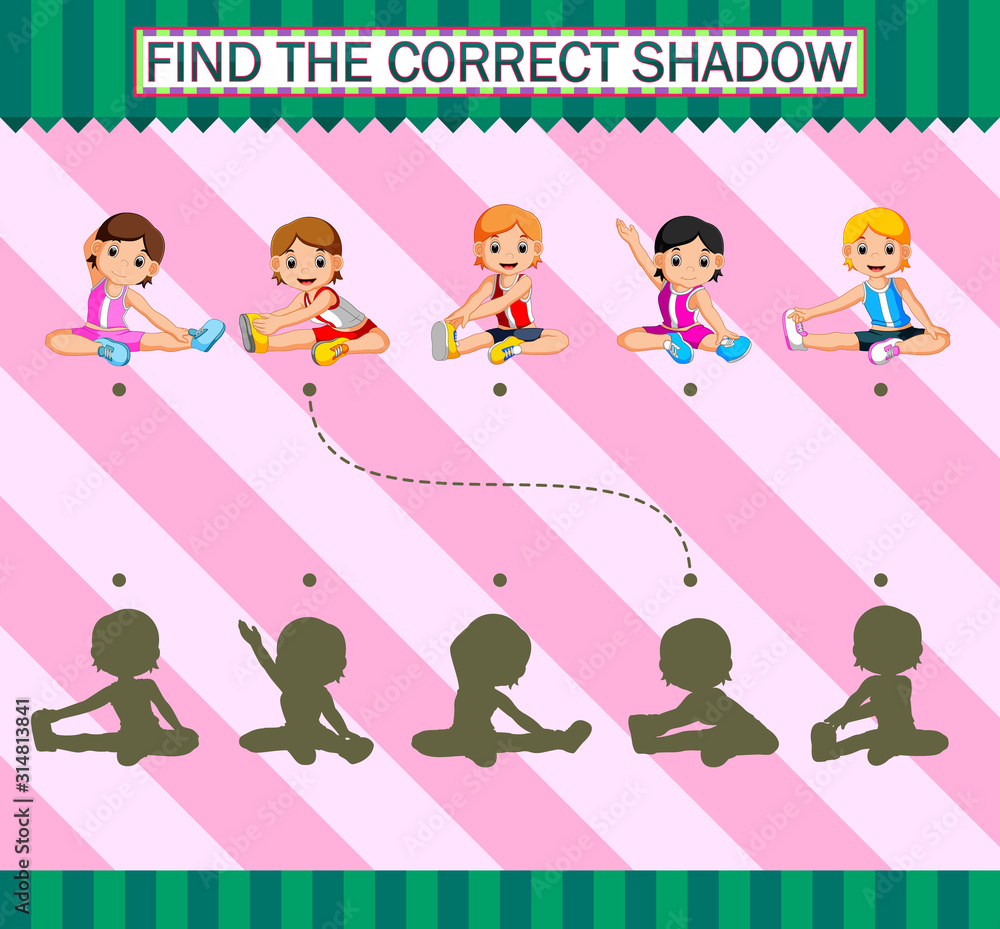 Find the correct shadow. Cartoon young sporty girls with yoga of illustration Find the correct shadow. Cartoon young sporty girls with yoga of illustration