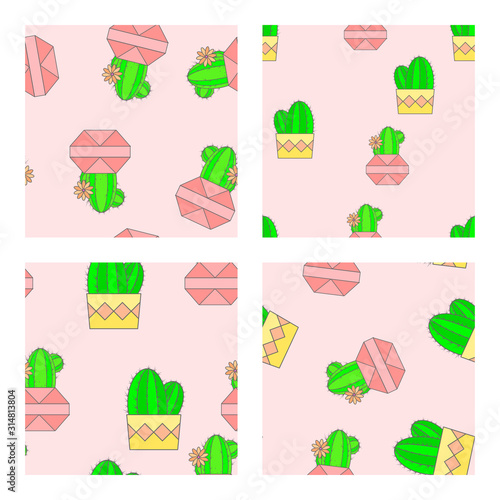 Vector set of four seamless patterns with cacti in flower pots. Flat style color collection.