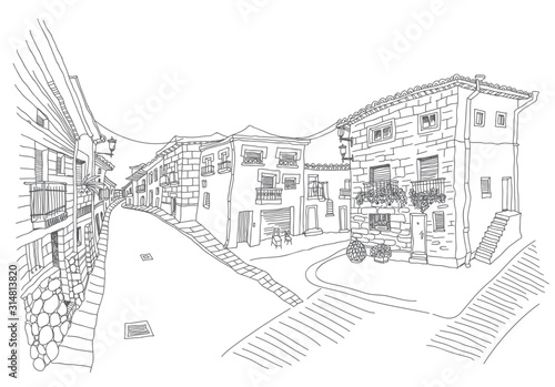 Vector hand drawn sketch of an ancient street building in the small European southern town. Single thin line doodle, Black and white illustration for book cover, tee shirt print, travel brochure, post