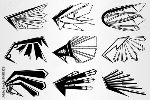 A set of robot wings of the future. Wings in the style of manga. Black and white set of wings from various mechanisms. The cyberpunk style. Tattoo drawing.