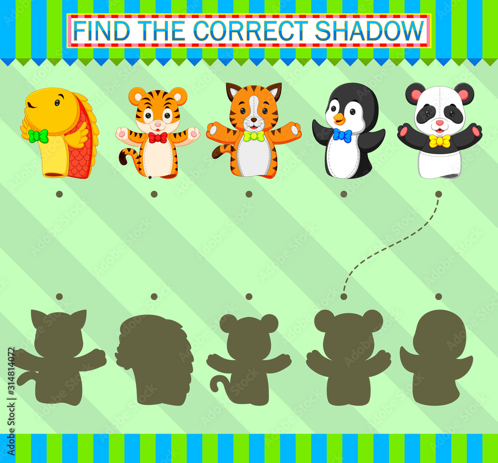 Fototapeta premium Find the correct shadow. Different kind of animal puppet of illustration