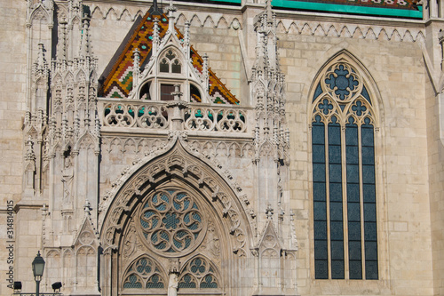 Detail of Matthias Church (Mátyás-templom), a Roman Catholic church in front of the Fisherman's Bastion at the heart of Buda's Castle District