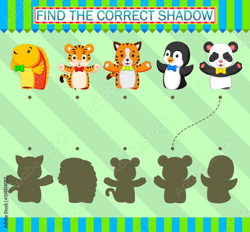 Find the correct shadow. Different kind of animal puppet of illustration