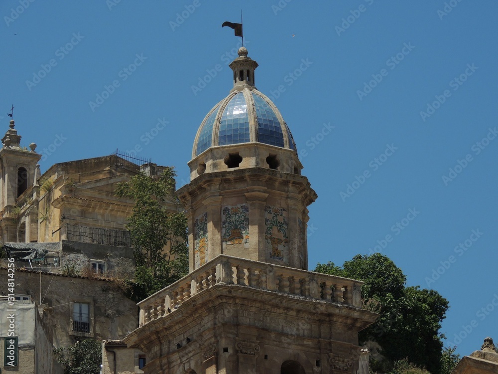 Ragusa Ibla – dome of the bell tower covered with blue majolica in Church of Santa Maria dell'Itria