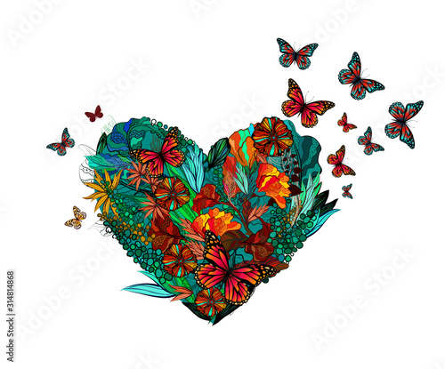 The heart with flowers and with butterflies. Happy Valentine's Day. Vector