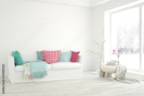 Stylish room in white color with sofa and winter landscape in window. Scandinavian interior design. 3D illustration