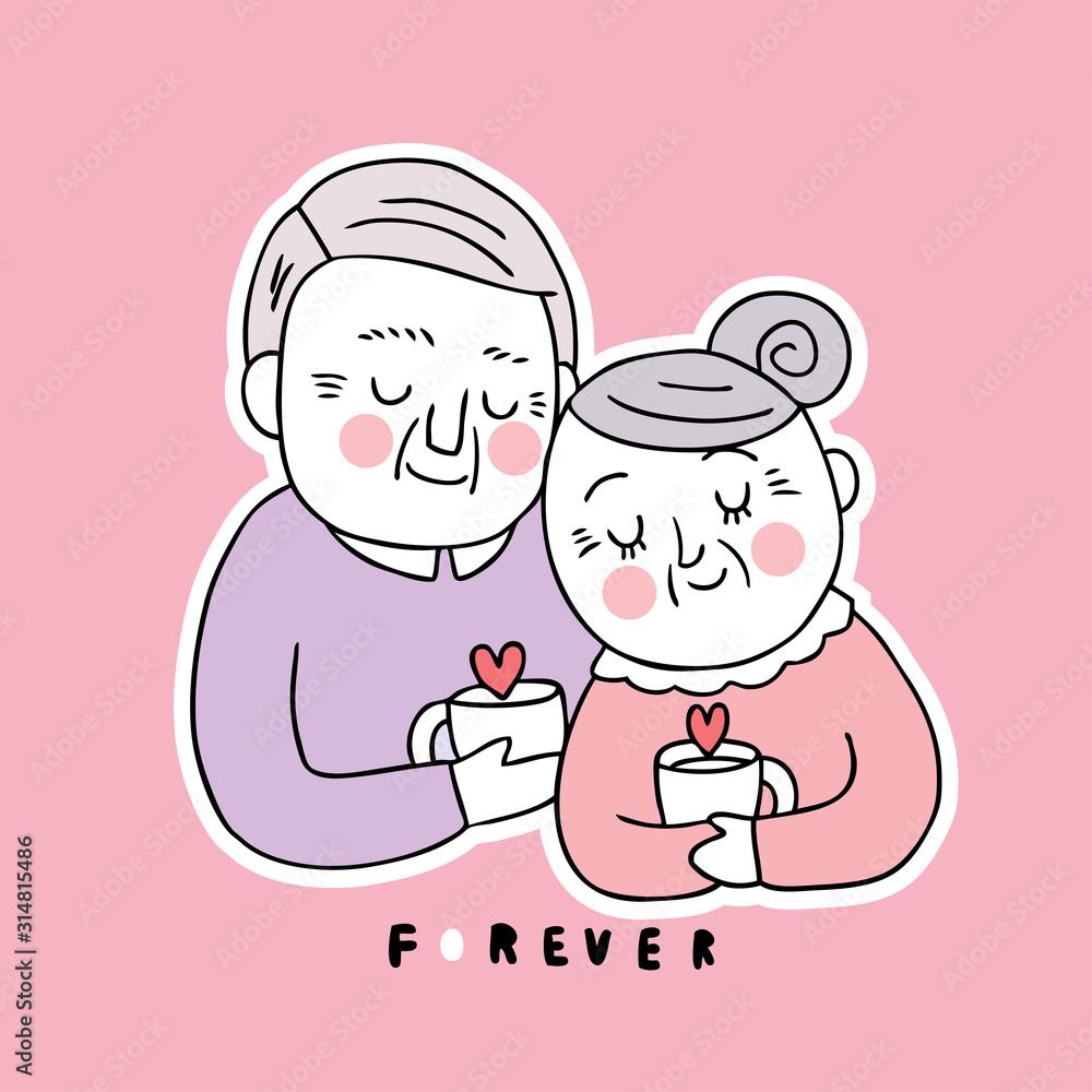 Cartoon cute Valentines day lover older drink coffee together vector. Cartoon cute Valentines day lover older drink coffee together vector.
