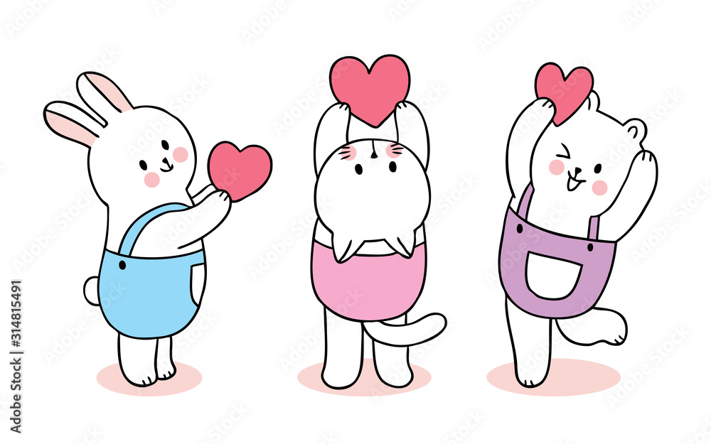 Cartoon cute Valentines day rabbit and cat and bear playing hearts vector. Cartoon cute Valentines day rabbit and cat and bear playing hearts vector.