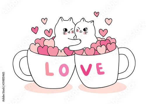 Cartoon cute Valentines day lover cats and hearts  in cup coffee  vector.