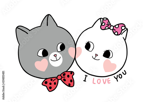 Cartoon cute Valentines day lover cats and hearts vector.