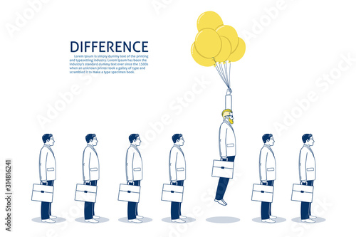 Businessmen flying with balloons. Difference concept. hand drawn style vector doodle design illustrations. - Vector
