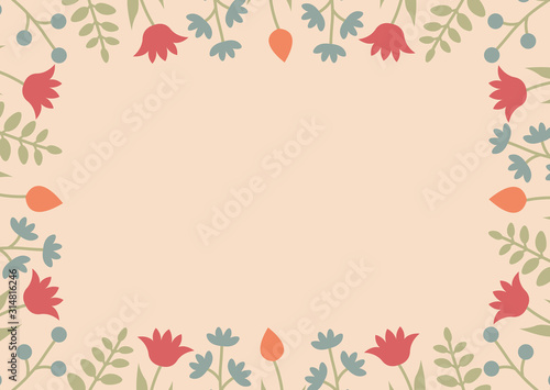 Decorative template with square floral ornament. Rectangular floral frame with wild flowers and tulips. Vector illustration EPS10