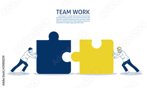 Two businessmen connect two puzzle pieces. hand drawn style vector doodle design illustrations.