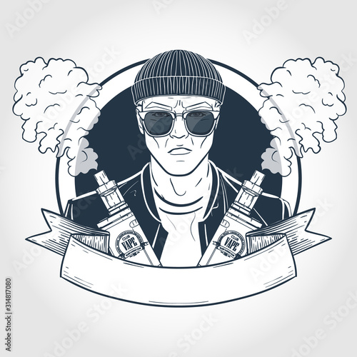 Sketch of hipster with vaporizer cigarette