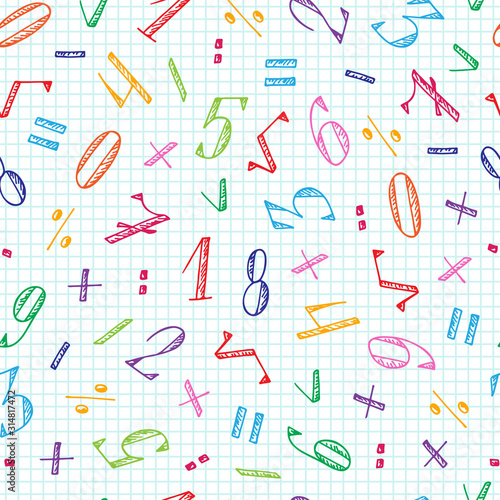 Colorful Numbers - hand drawn doodle seamless pattern. Mathematical background.