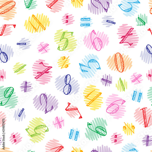 Colorful Numbers - hand drawn doodle seamless pattern. Mathematical background.