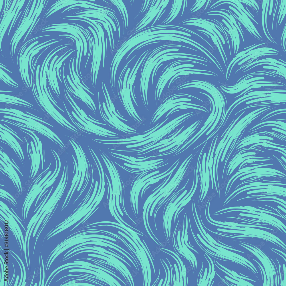 Seamless vector pattern of smooth lines or brush strokes in trend color Aqua Menthe. Blank for printing on fabric, elegant texture with purple background.