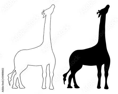 Giraffe silhouette view. Vector hand-drawn illustration isolated on white background.