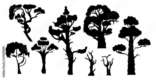 Set of Vector View Tree Silhouettes. Vector hand drawn illustration on a white background.