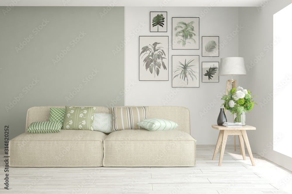 Fototapeta premium Stylish room in white color with sofa. Scandinavian interior design. 3D illustration