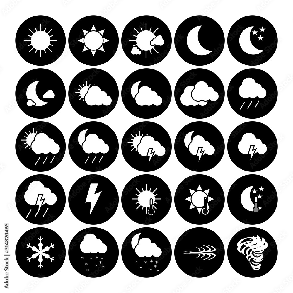 Minimalist weather icon/symbol set, with flat white silhouette design in circle black background and outline. Sunny, rainy, thunderstorm, etc can be basic element graphic resources Minimalist weather icon/symbol set, with flat white silhouette design in circle black background and outline. Sunny, rainy, thunderstorm, etc can be basic element graphic resources