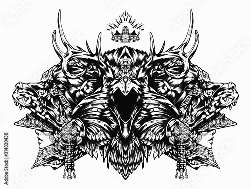 A black Raven with horns and a soaring crown above its head, flanked by two Valkyries in bear helmets. 2D illustration