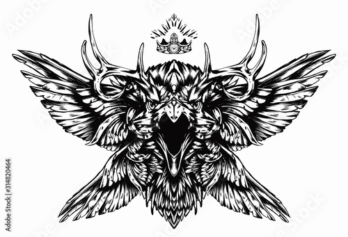 A black Raven with horns and a soaring crown above its head and beautiful wings on its sides. 2D illustration