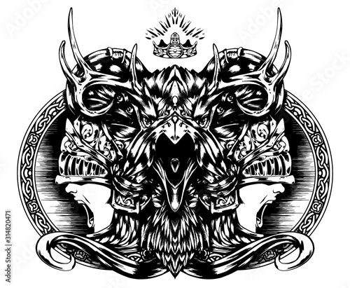 A black screaming Raven with horns and a soaring crown above its head and two screaming Valkyries flanking it. 2D illustration