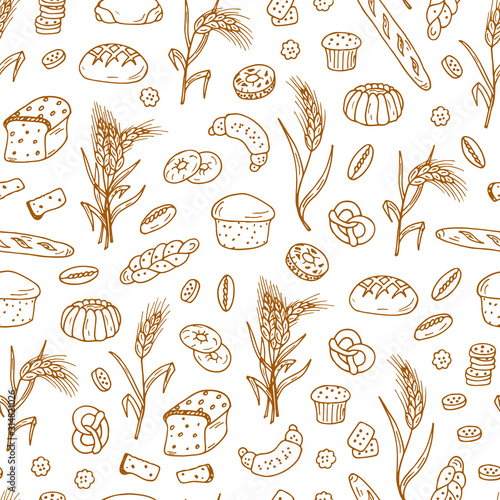 Bread products. Hand drawn Doodles Bakery and Wheat ears - Vector Seamless pattern