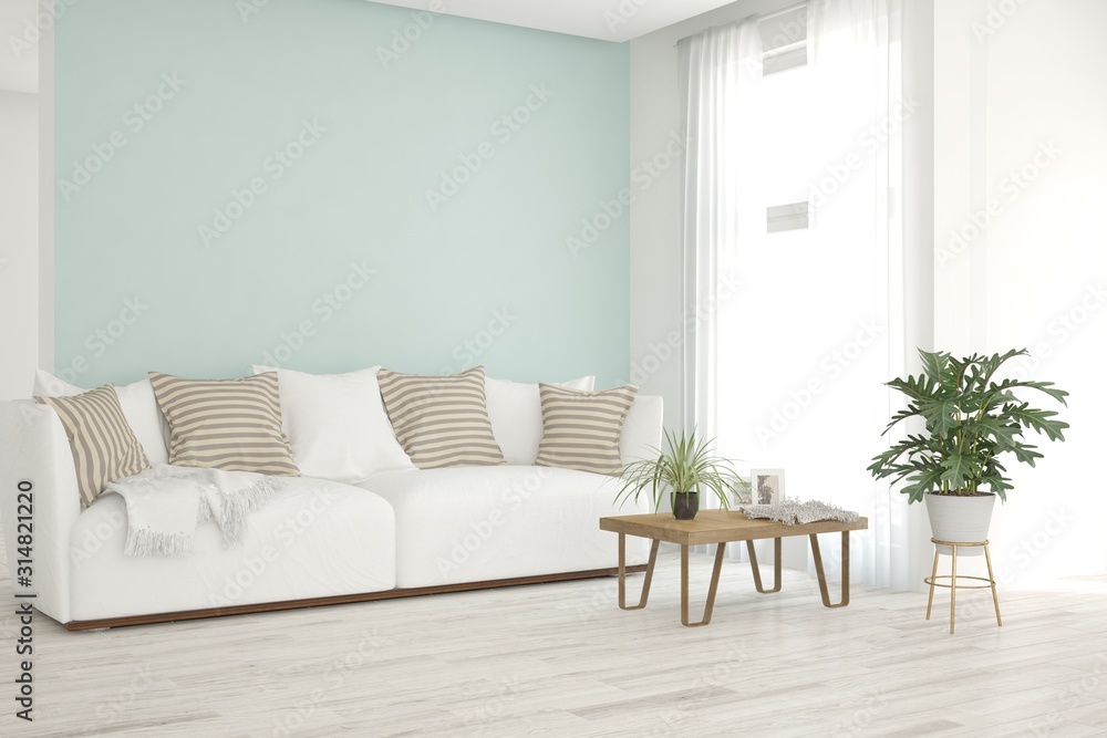 Stylish room in white color with sofa. Scandinavian interior design. 3D illustration